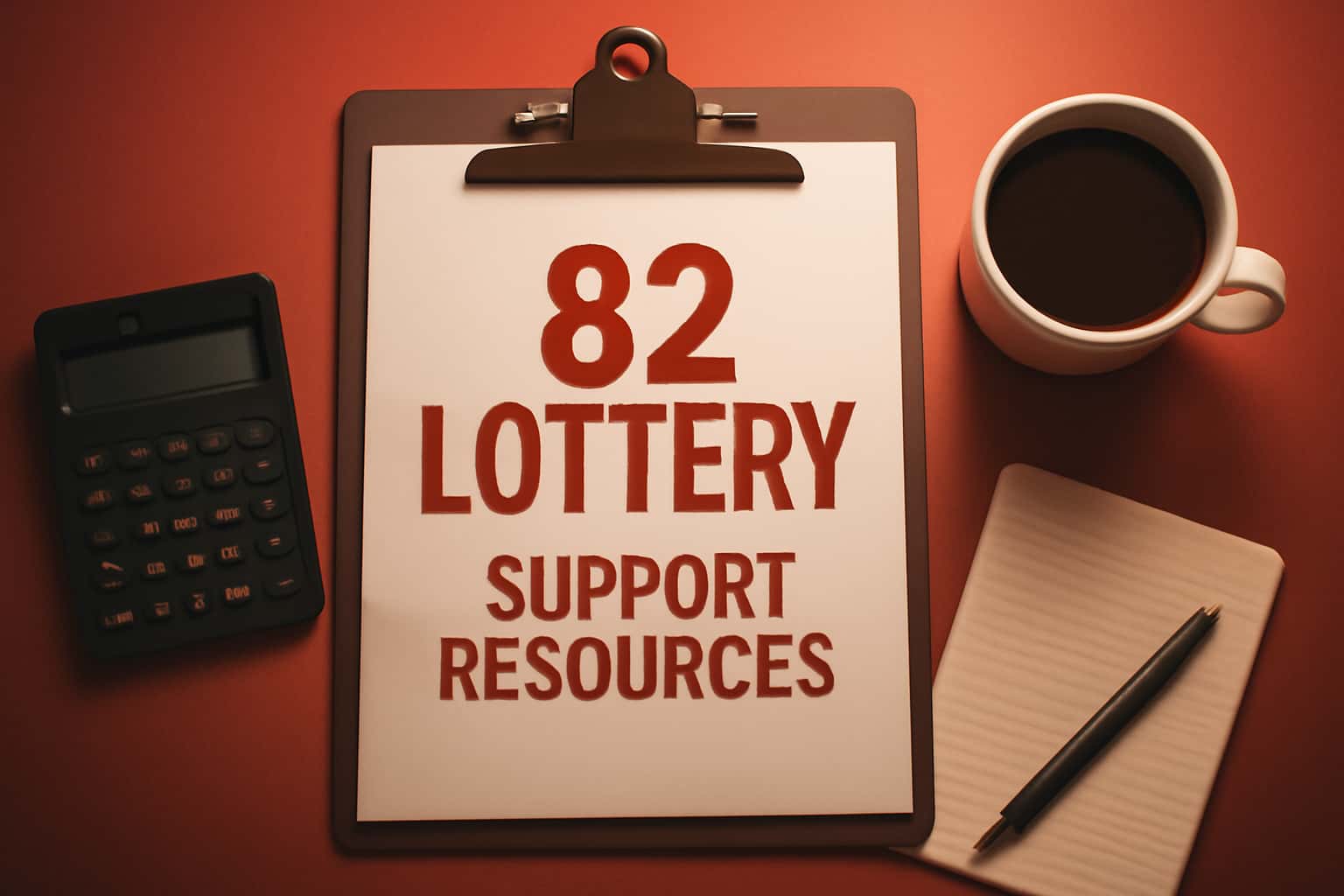 An informational scene representing 82 Lottery Support Resources with clear and prominent text.